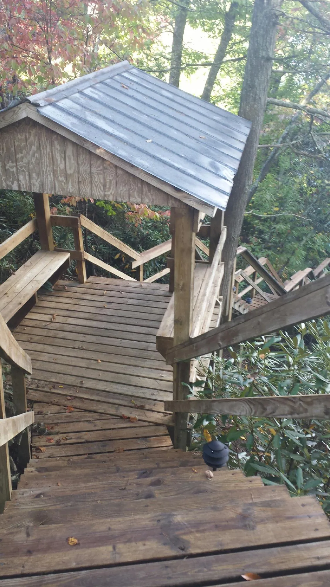 Metal roofed shelter over wooden steps on a wooded walkway — Skylight Repair & Installation work by our crew in Walsenburg